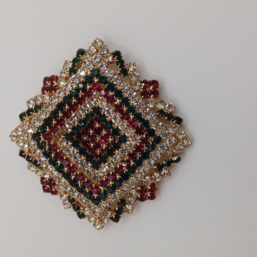 Clear, Red, and Green Rhinestone Brooch - Picture 5 of 5